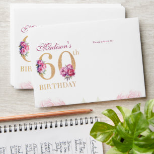 60th Birthday Pink Peonies Gold Glitter  Envelope