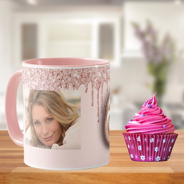 60th birthday pink photo rose gold glitter balloon mug (Creator Uploaded)