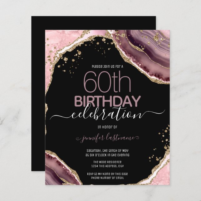 60th Birthday Pink Purple Agate Budget Invitation (Front/Back)