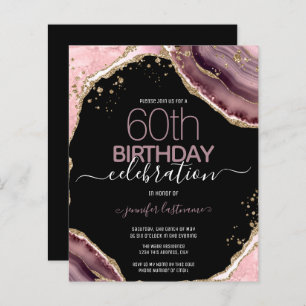 60th Birthday Pink Purple Agate Budget Invitation