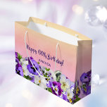 60th Birthday pink purple florals name Large Gift Bag<br><div class="desc">An elegant pink and peach gradient coloured background and a border of violet,  purple and white pansies.  Purple hand lettered style script and the text: Happy 60th Birthday! Template for a name.</div>