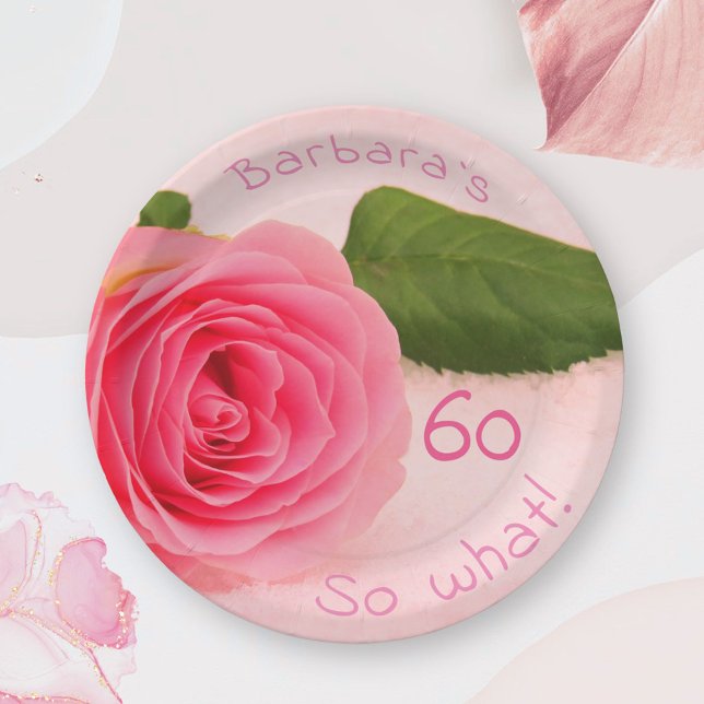 60th Birthday Pink Rose Custom Name Motivational Paper Plate (Creator Uploaded)
