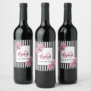 60th birthday pink roses black white stripes wine label