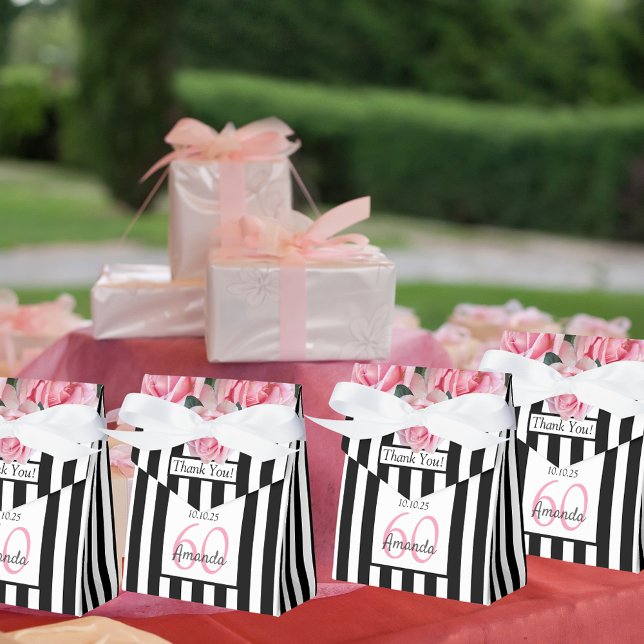60th birthday pink roses on black white stripes favour box (Creator Uploaded)