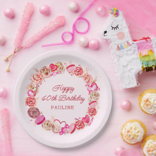 60th Birthday Pink Roses Swirly Heart Paper Plate