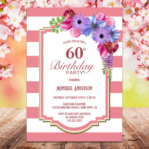 60th Birthday Pink Striped Floral Party Invitation