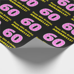 60th Birthday: Pink Stripes and Hearts "60" + Name Wrapping Paper