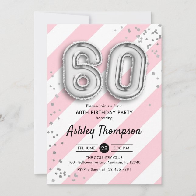 60th Birthday - Pink Stripes and Silver Balloons Invitation (Front)