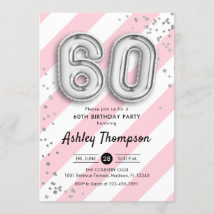 60th Birthday - Pink Stripes and Silver Balloons Invitation