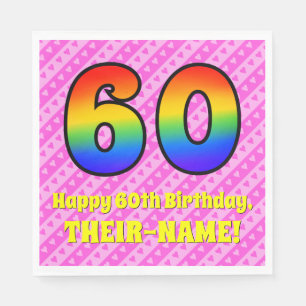 60th Birthday: Pink Stripes & Hearts, Rainbow # 60 Napkin