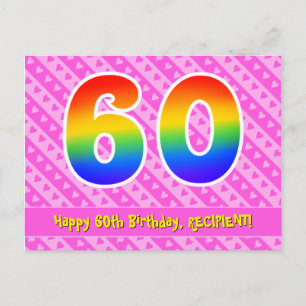 60th Birthday: Pink Stripes & Hearts, Rainbow 60 Postcard