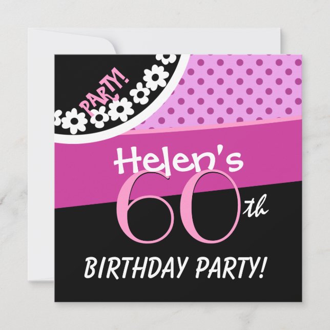60th Birthday Pink White Black Polka Dots W316C Invitation (Front)