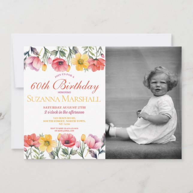 60th Birthday Poppy Spring Floral Photo  Invitation (Front)