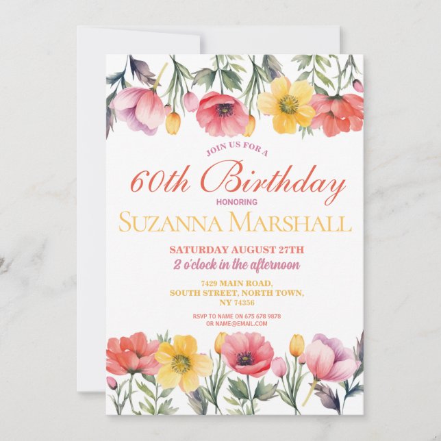 60th Birthday Poppy Spring Floral Summer  Invitation (Front)