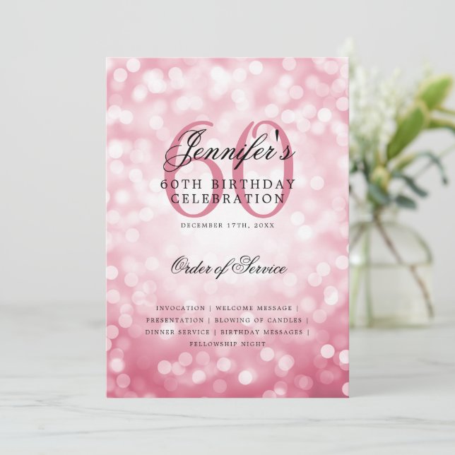 60th Birthday Program Blush Pink Bokeh w/ Menu Invitation (Standing Front)