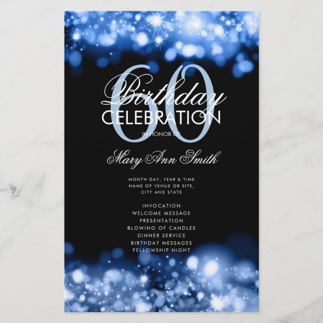 60th Birthday Program Glam Lights Navy Menu (Front)