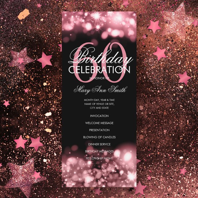 60th Birthday Program Glam Lights Rose Gold Menu (Creator Uploaded)