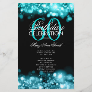 60th Birthday Program Glam Lights Teal Menu