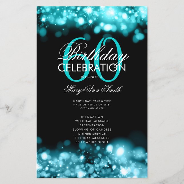 60th Birthday Program Glam Lights Teal w/ Menu (Front)