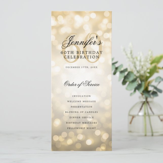 60th Birthday Program Gold Bokeh Menu+Thank You Invitation (Standing Front)