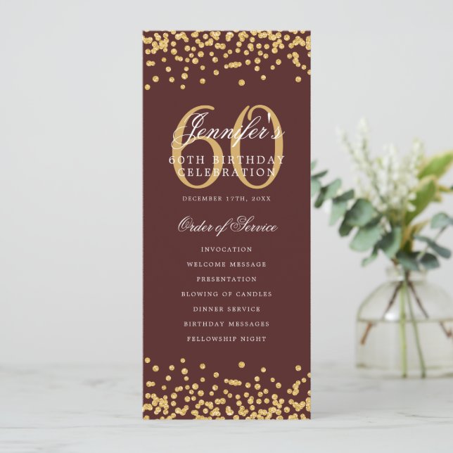 60th Birthday Program Gold Burgundy Confetti Invitation (Standing Front)