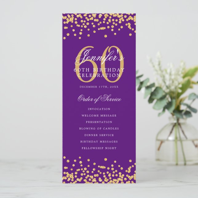 60th Birthday Program Gold Confetti Menu Purple  Invitation (Standing Front)