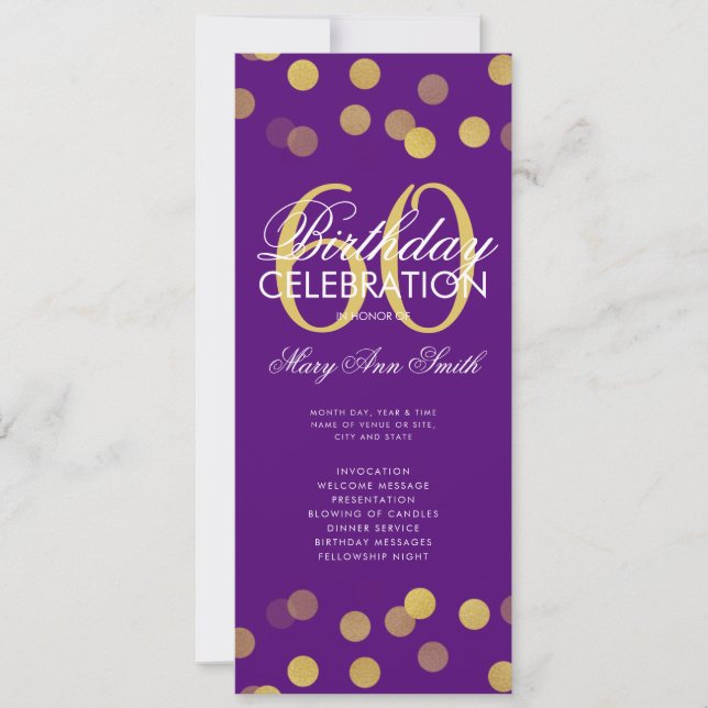 60th Birthday Program Gold Confetti w/ Menu Purple Invitation (Front)