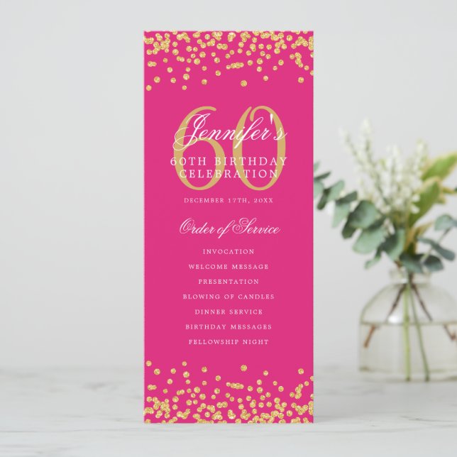 60th Birthday Program Gold Hot Pink Confetti Invitation (Standing Front)