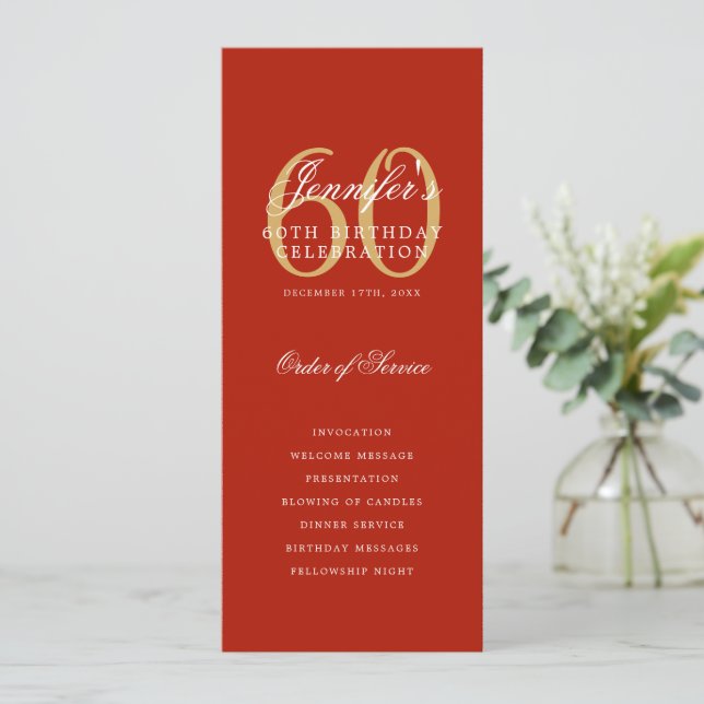 60th Birthday Program Gold Red Thank You Invitation (Standing Front)