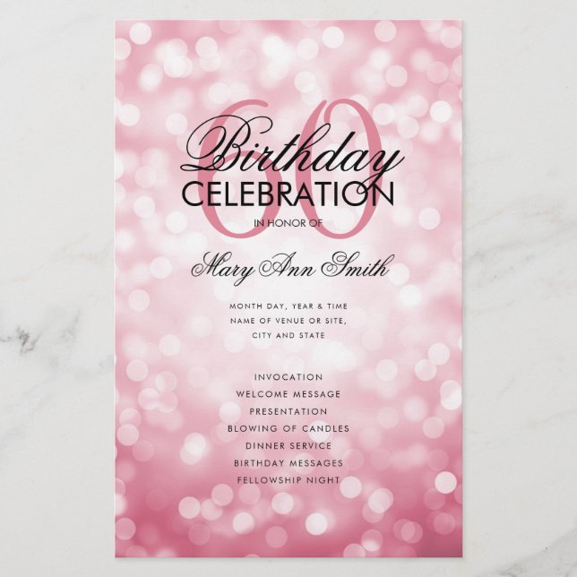 60th Birthday Program Lights Rose Gold w/ Menu  (Front)