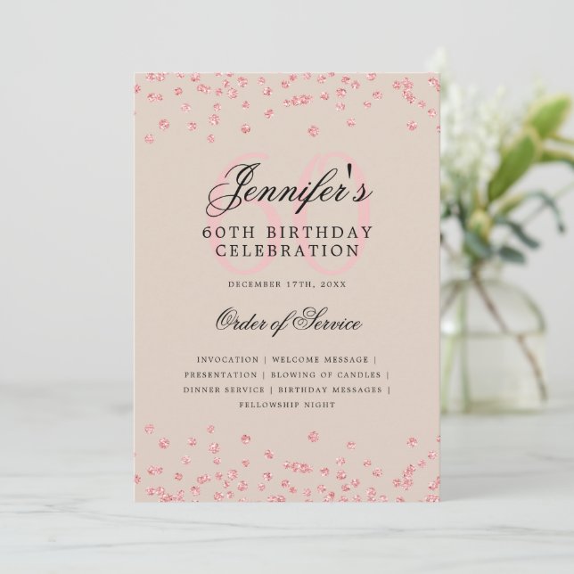 60th Birthday Program Menu Rose Gold Champagne Invitation (Standing Front)