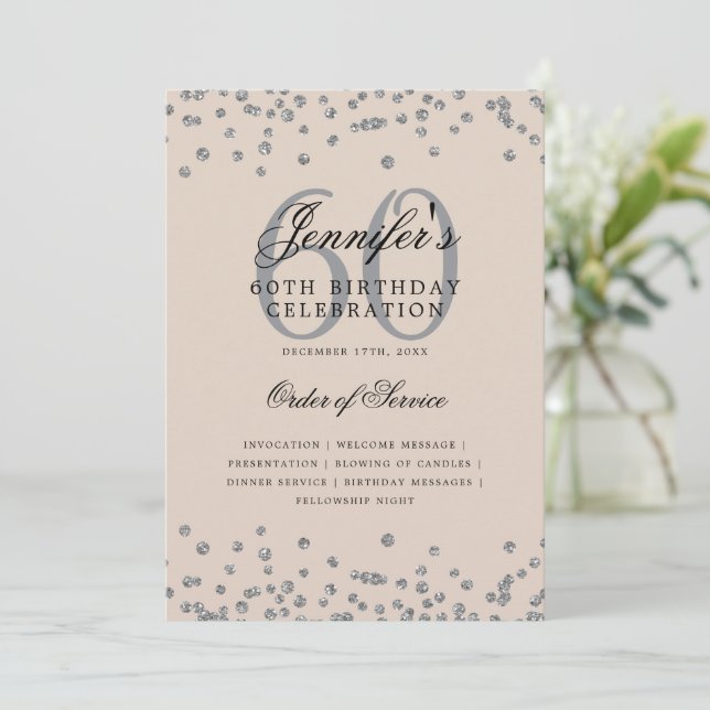 60th Birthday Program Menu Silver Champagne Invitation (Standing Front)