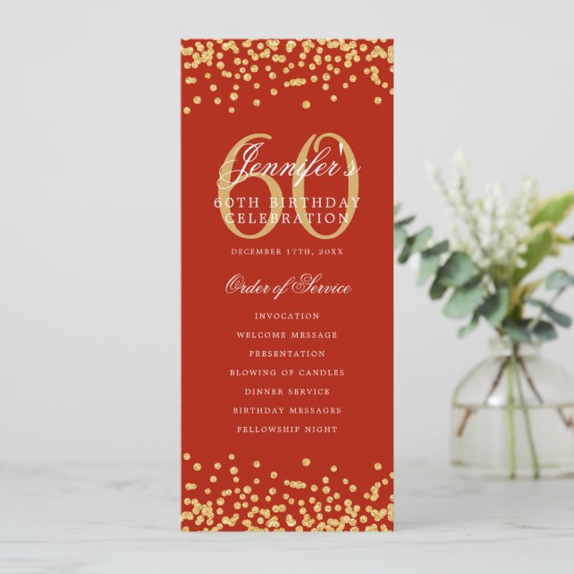 60th Birthday Program Menu Thank U Gold Red  Invitation (Standing Front)