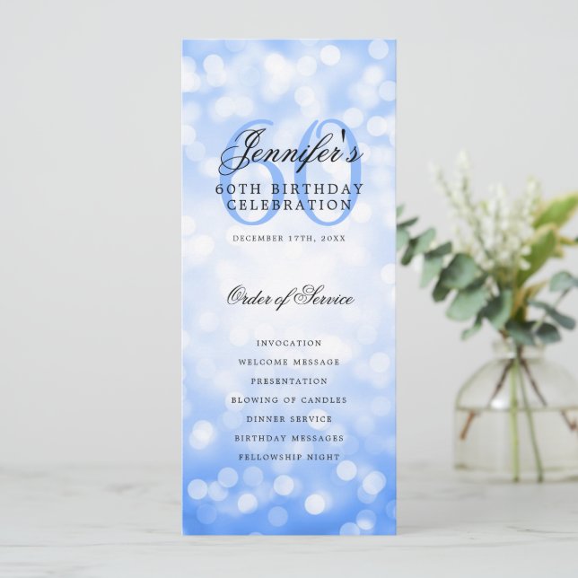 60th Birthday Program Navy Blue Bokeh Thank You Invitation (Standing Front)