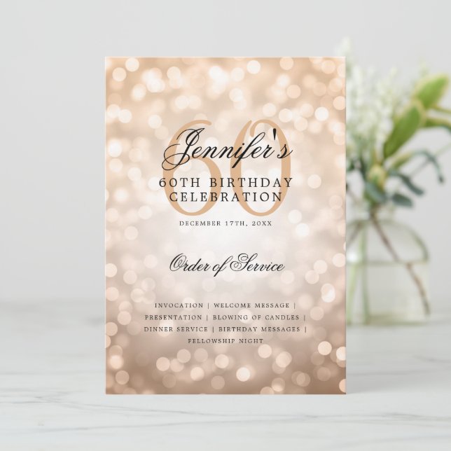 60th Birthday Program Rose Gold Bokeh w/ Menu Invitation (Standing Front)