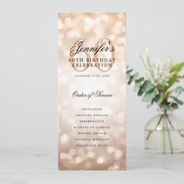60th Birthday Program Rose Gold Bokeh w/ Thank You Invitation (Standing Front)