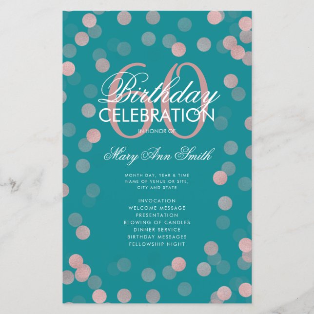 60th Birthday Program Rose Gold Confetti Menu Teal (Front)