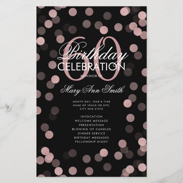 60th Birthday Program Rose Gold Confetti w/ Menu (Front)