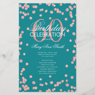 60th Birthday Program Rose Gold Glitter Menu Teal 