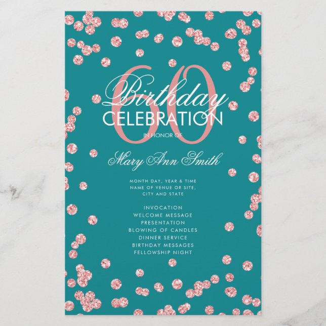 60th Birthday Program Rose Gold Glitter Menu Teal  (Front)