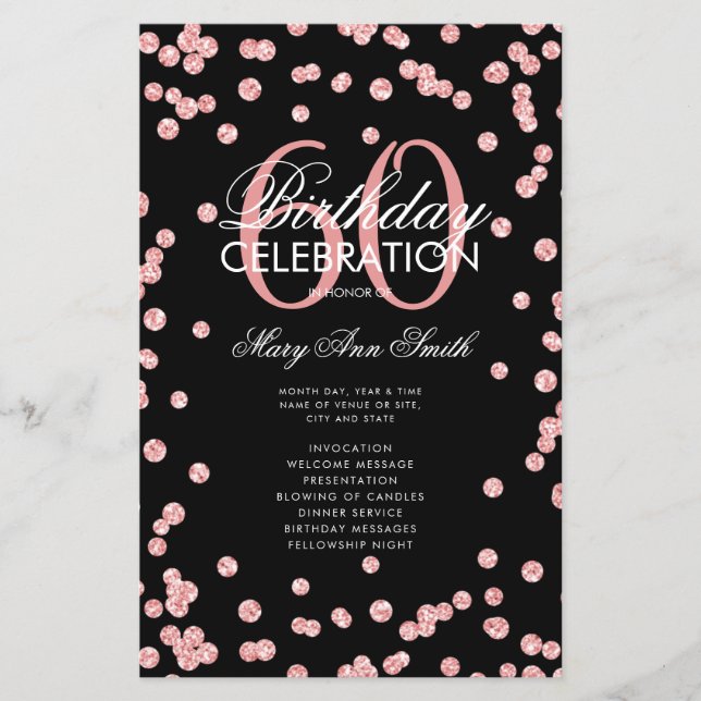 60th Birthday Program Rose Gold Glitter w/ Menu (Front)