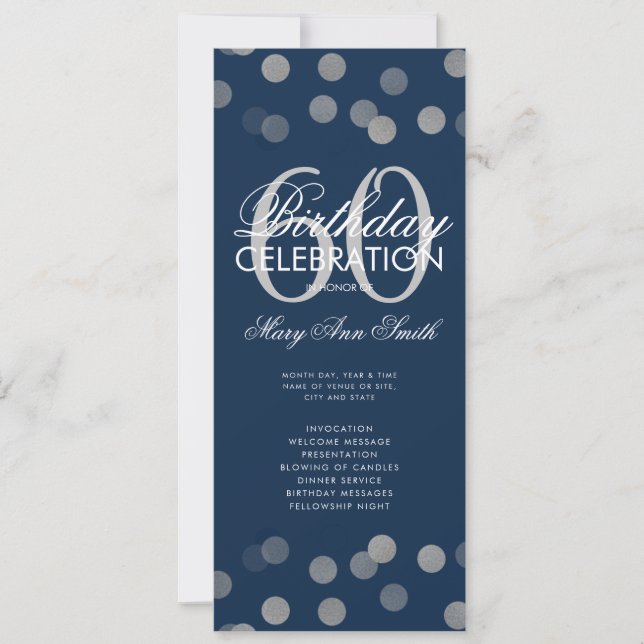 60th Birthday Program Silver Confetti Menu Navy  Invitation (Front)