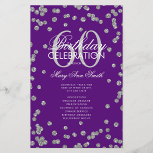 60th Birthday Program Silver Glitter Menu Purple 