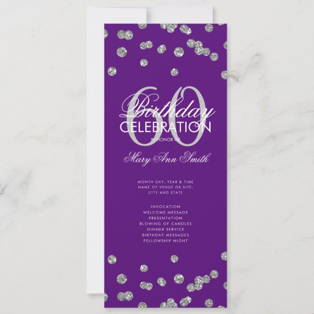 60th Birthday Program Silver Glitter Menu Purple  Invitation (Front)