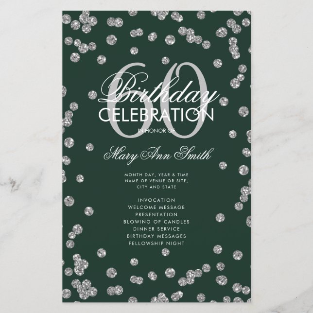 60th Birthday Program Silver Glitter w/ Menu Green (Front)