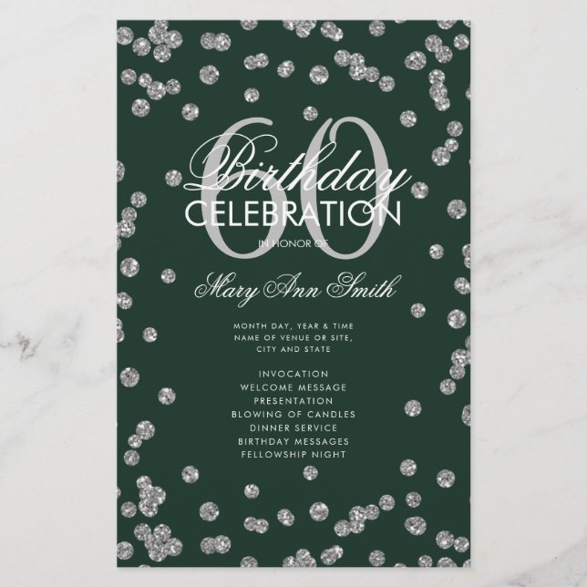 60th Birthday Program Silver Glitter w/ Menu Green (Front)