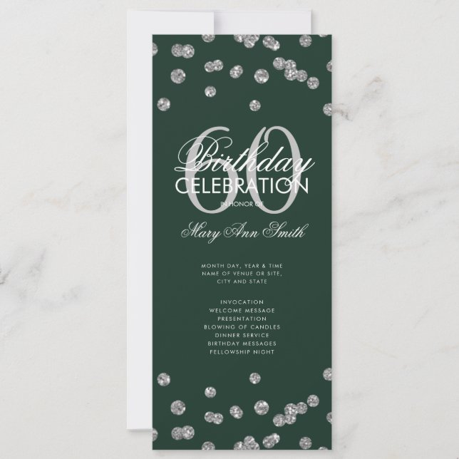 60th Birthday Program Silver Glitter w/ Menu Green Invitation (Front)