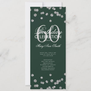 60th Birthday Program Silver Glitter w/ Menu Green Invitation