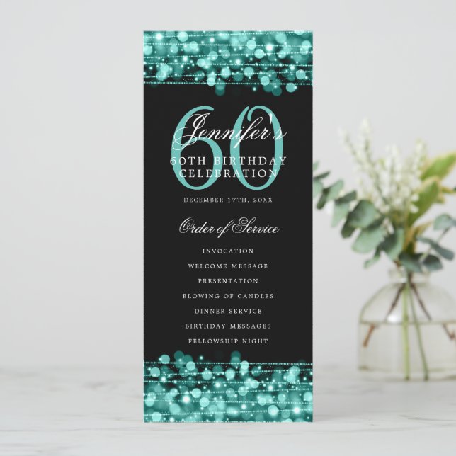 60th Birthday Program Teal Menu+Thank You Invitation (Standing Front)