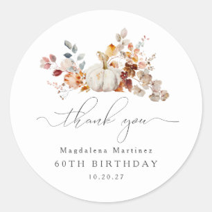 60th Birthday Pumpkin Fall Flower Thank You Classic Round Sticker